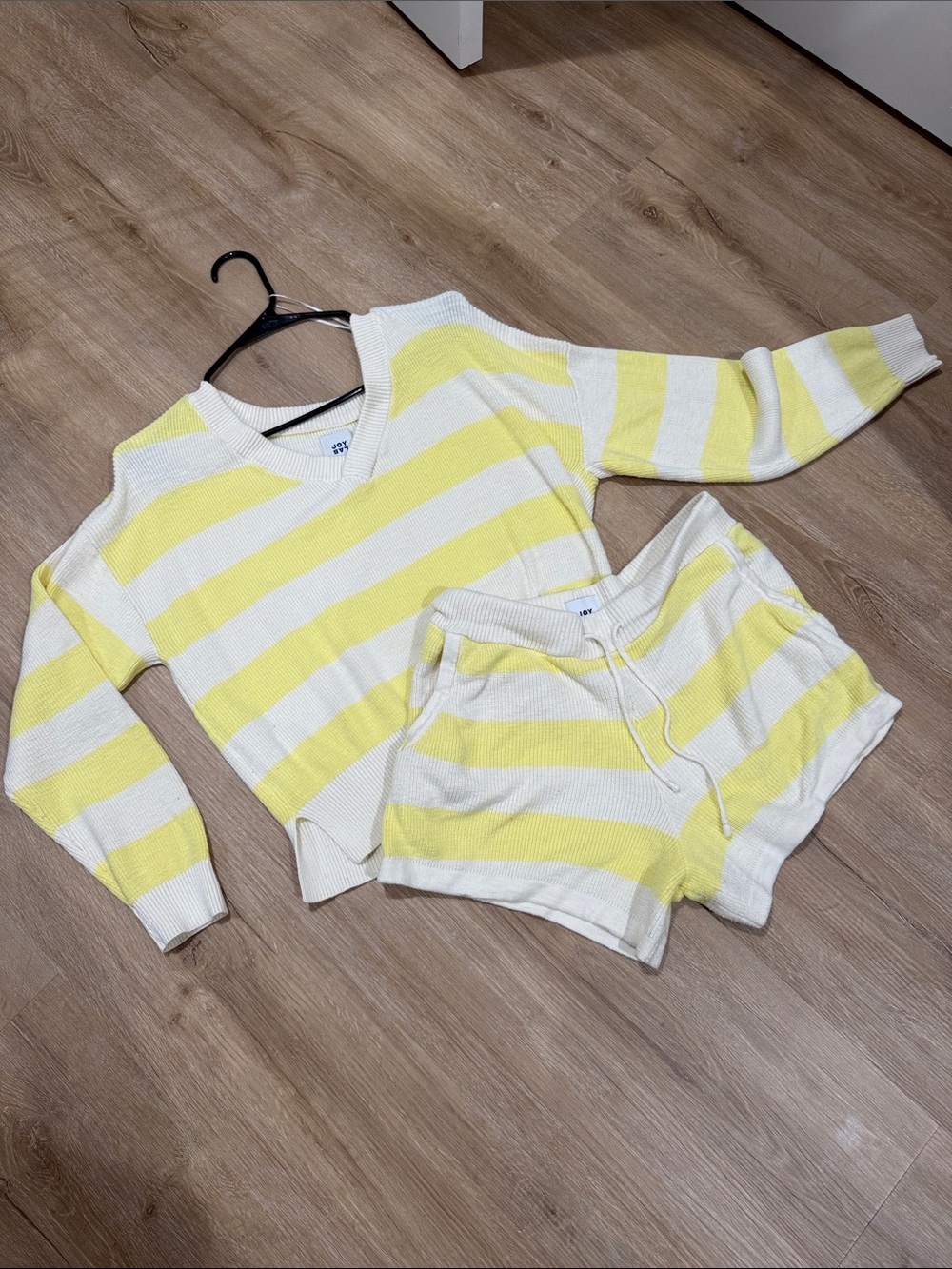 JoyLab Yellow & White Striped V-Neck Sweater &Shorts Set